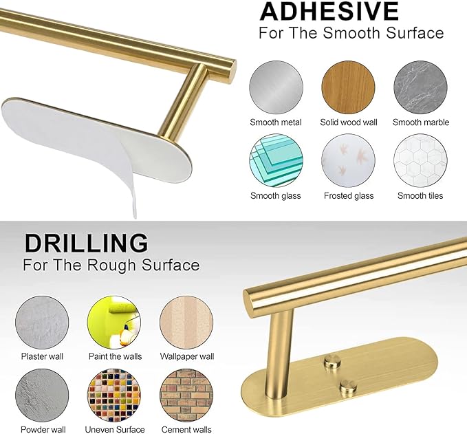 Gold Paper Towel Holder Under Cabinet - Self Adhesive Paper Towel Roll Holder Stick on Wall, Stainless Steel Paper Towel Rack for Kitchen Bathroom(2 Pcs)
