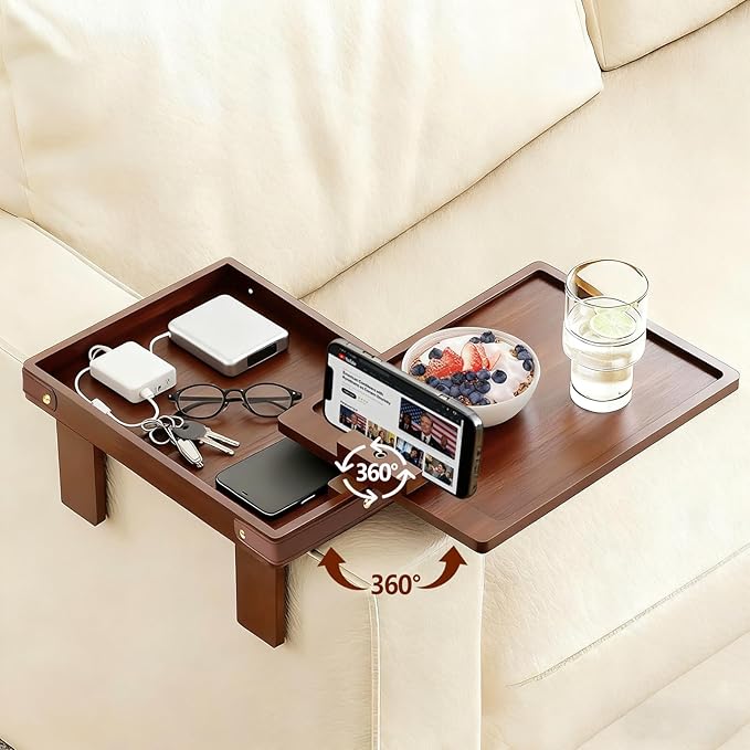 Sofa Armrest Tray with Bamboo - 5.5" - 9.8" Adjustable Couch Arm Table with 360° Rotating Phone Holder and Hidden Storage Compartment for Snacks, Drinks, Remote (Dark Brown)