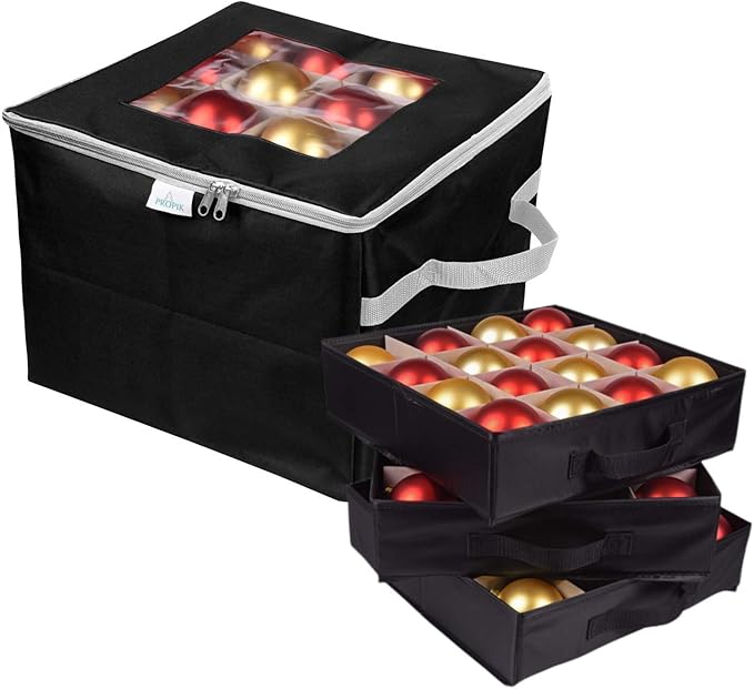 ProPik Christmas Ornament Storage Box, Organizer Holds Up to 48 Xmas Balls with 3 Separate Removable Trays, Container has Dividers to Organize Holiday Tree Ornaments (Black)
