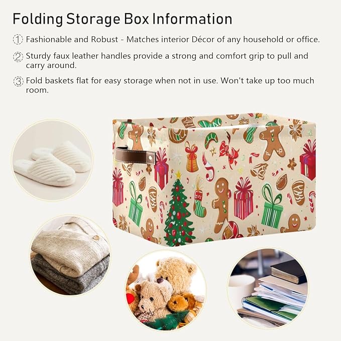 Christmas Storage Basket, Collapsible Canvas Organizer with Festive Pattern, 14.2x10.2x8.3 Inches, Brown Leather Handles, Water-Resistant Interior, for Home Bedroom Storage