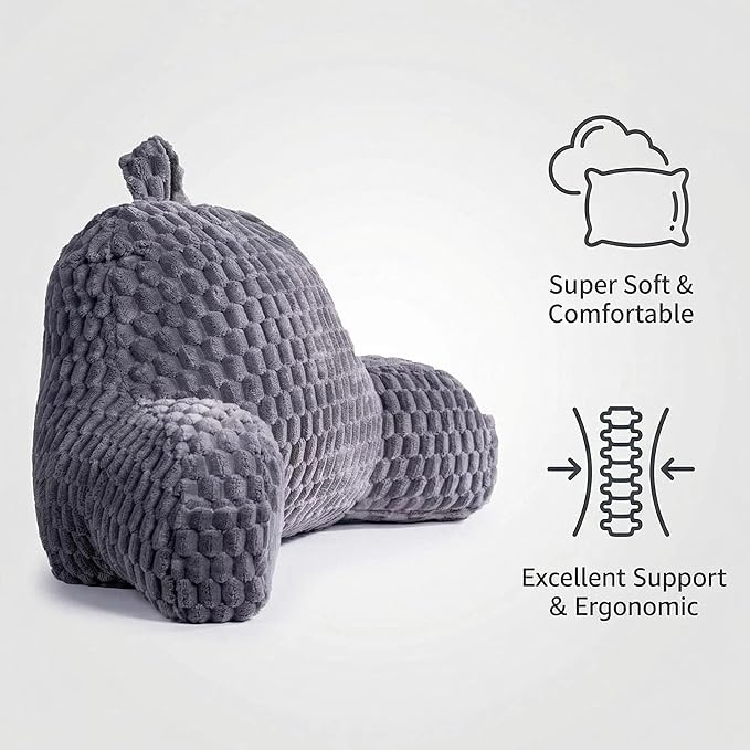 Faux Fur Reading Pillow for Bed Adults, Ultra Soft Plush Floor Backrest Pillow with Side Pockets for Bed & Couch, Perfect for Reading, Watching TV, Gaming, Relaxing, Gray
