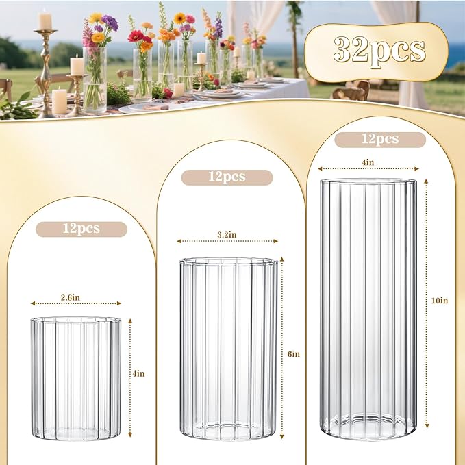 36 Pack Ribbed Glass Cylinder Vases 4,6,10 Inch Tall Clear Flower Vase Hurricane Floating Candle Holder for Table Centerpiece Wedding Home Decor