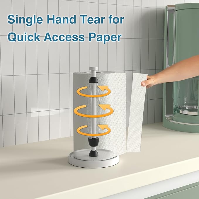 White Paper Towel Holder Countertop, White Kitchen Accessories Decor, Stainless Steel, Weighted Base, Paper Towel Roll Holder Stand with Ratchet Mechanism for Kitchen Bathroom Farmhouse Essentials
