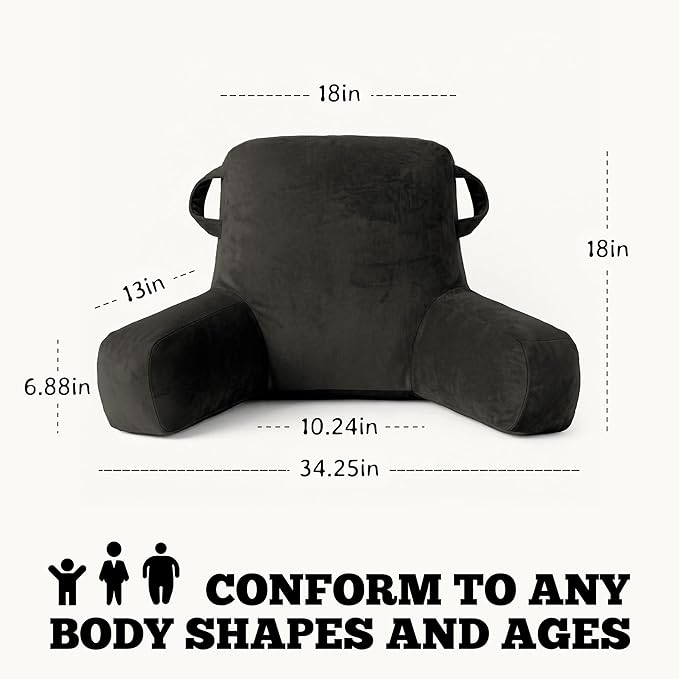 Unisakey Portable Comfy Reading Pillows for Bed Sitting Up(Grey Oeko-Tex), Velvet Back Pillow with Arms & Pockets for Adults, Support Memory Foam Bed Pillow for Dorm/Reading/Watching/Gaming