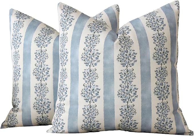 DOMVITUS Floral Throw Pillow Covers 20x20 Inch Set of 2, Block Print Decorative Pillow Covers Vintage Striped Neutral Farmhouse Boho Home Decor for Couch Sofa Bed Living Room, Light Blue