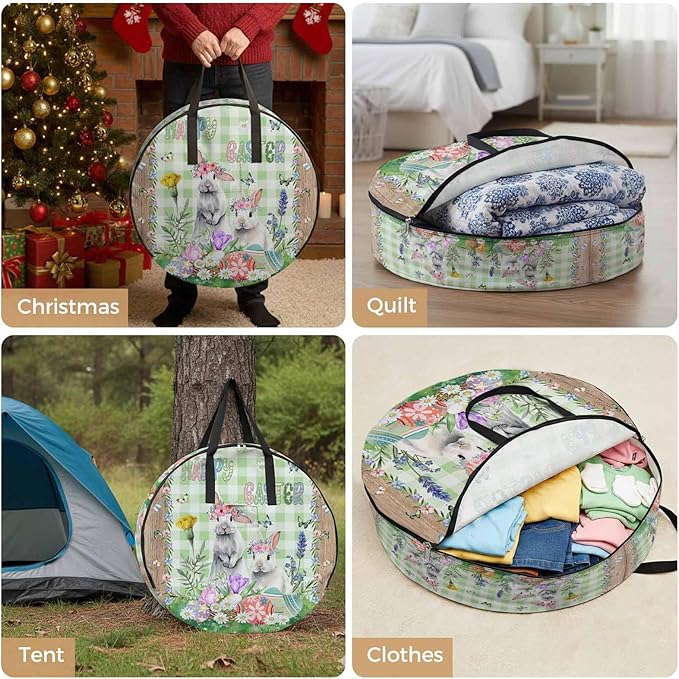 36 Inch Round Storage Bag 1 Pack,Easter Bunny with Colored Eggs in Basket Waterproof Wreath Storage Container with Handles&Zipper Farm Vines on Wood Plank Closet Organizer Bags Garland Box
