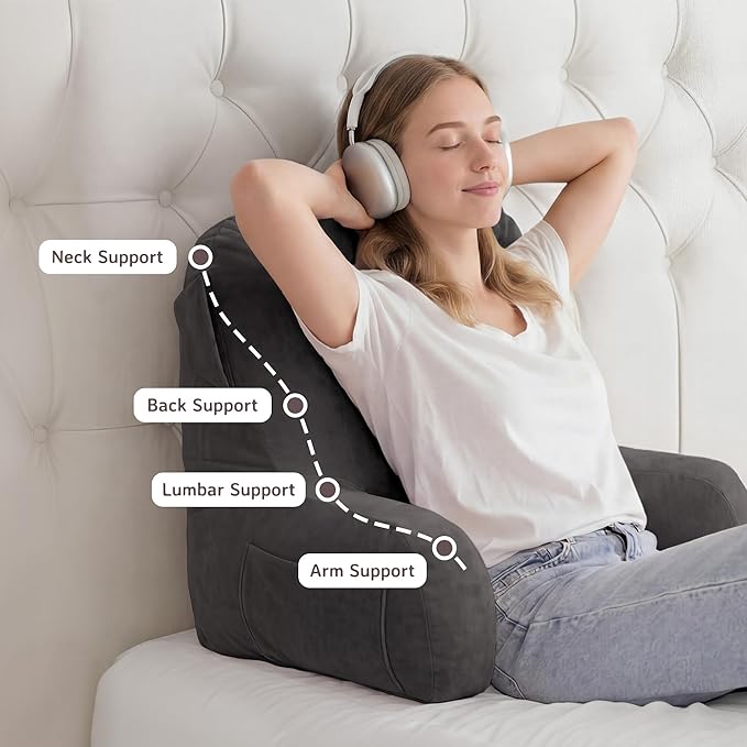 Unisakey Portable Comfy Reading Pillows for Bed Sitting Up(Light Grey Oeko-Tex), Velvet Back Pillow with Arms & Pockets for Adults, Support Memory Foam Bed Pillow for Dorm/Reading/Watching/Gaming