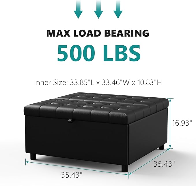 LINLUX 35.5 Inch Large Leather Storage Ottoman, Extra Large Square Lift Top Ottoman Coffee Table with Storage, Tufted Leather Ottoman Footrest Toy Box for Living Room, Black