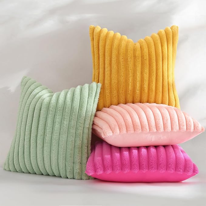 decorUhome Summer Cozy Faux Fur Throw Pillow Covers 22x22 Set of 2 Decorative Plush Striped Modern Farmhouse Boho Couch Euro Sham Pillow Cases with Velvet Back for Sofa Bed Living Room, Mustard Yellow