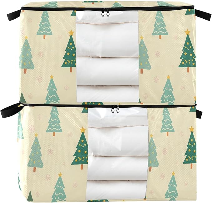 Burbuja Christmas Tree Clothes Storage Bag with Lids and Handle, 2 Pack Foldable Blanket Storage Container with Sturdy Zipper & Clear Window for Bedroom Closet, 60L