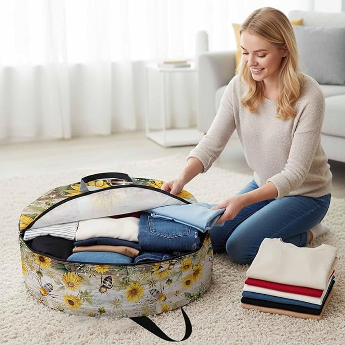 Summer Sunflower Bee Round Storage Bag 24 Inch, Yellow Floral Plants Wood Grain Rustic Clothes Storage Container with Handles Heavy Duty Organizer for Comforter, Bedding & Holiday Wreaths