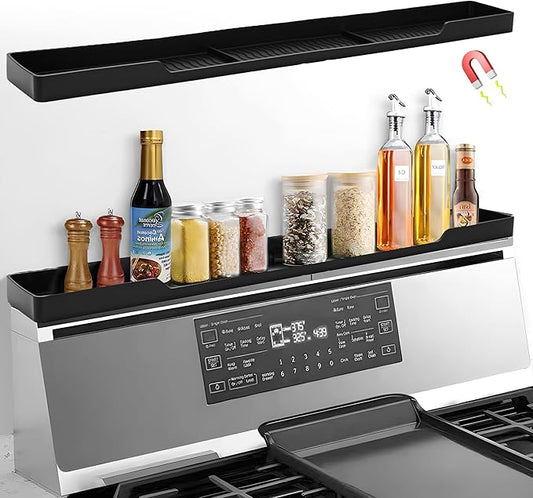 30 Inch Magnetic Stove Top Shelf | 3-Zone Kitchen Organizer with Anti-Slip & Anti-Fall Design | Heat Resistant (-40°F to 446°F) Food-Grade Silicone Spice Rack for Flat-Top Stoves, Black
