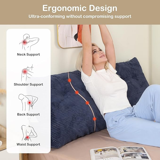 Headboard Pillow King, Wedge Headboard Pillow for Bed Sofa, Triangular Backrest Pillow with Removable Cover for Reading, Working, Sitting, Dark Blue