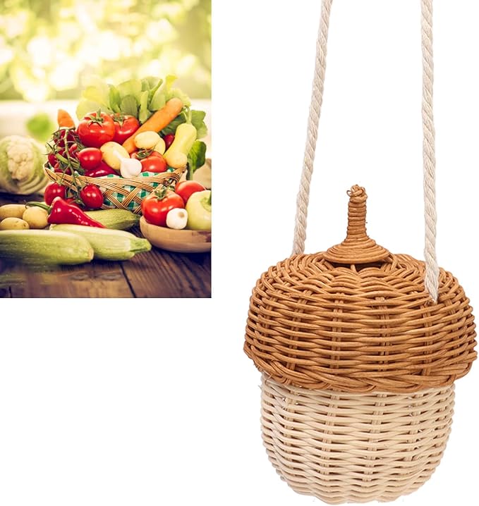 Hanging Baskets Rattan Storage Basket Handmade Photography Props Acorn Shaped Home Decorative for Girls Rattan Basket Bag Kids (Small Shoulder Bag)