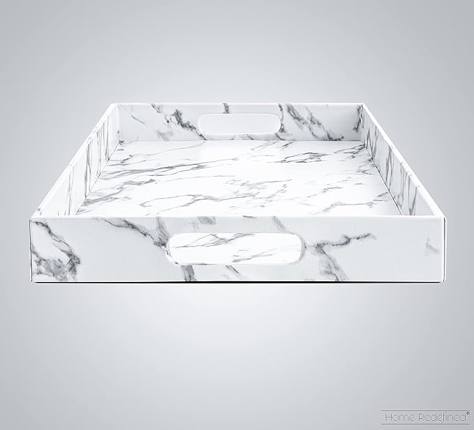 Home Redefined Modern Elegant 17.5"x12" Rectangle White Marble Faux Leather Decorative Tray Ottoman Coffee Table Perfume Living Room Kitchen Serving Tray Display Vanity with Handles for All Occasion's