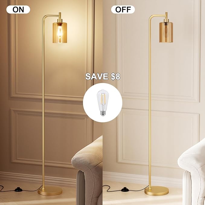 Ziisee Floor Lamps for Living Room - Gold Standing Lamp with Amber Glass Shade, Modern Floor Lamp with LED Bulbs, Bright Industrial Floor Lamp for Bedroom, Farmhouse Tall Lamp for Office