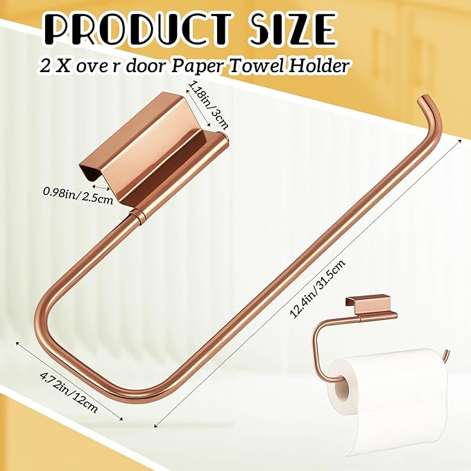Yaocom 12.4 Inches Cabinet Door Paper Towel Holder Camper Under Sink No Drilling Paper Towel Storage and Dispenser for RV Kitchen Bathroom Laundry Room, Stainless Steel(Rose Gold,2 Pcs)