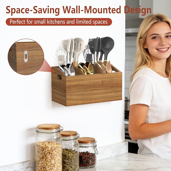 COAZEX Wooden Kitchen Utensil Holder for Countertop or Wall, Extra Large Acacia Wood Utensil Holder Organizer with 5 Compartments, Rustic Utensil Caddy for Cooking Tools & Silverware