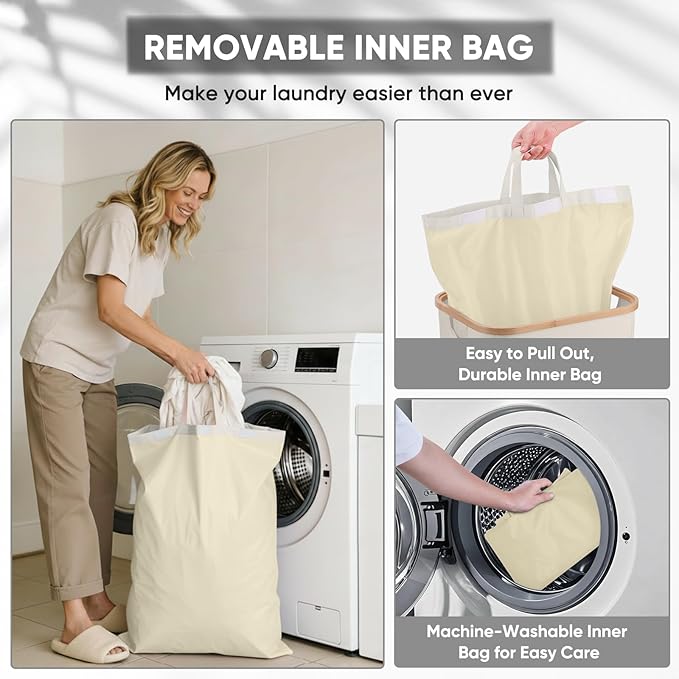 BALEINE Laundry Hamper with Lid, Tall Laundry Baskets with Bamboo Pull Handles, Large Laundry Bin with Internal Support (18 Gal/70L, Antique Foliage)