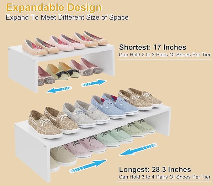 Cidaziya 2 Pack Expandable 1 Tier Shoe Rack for Shoe Cabinet, 1 Tier Stackable White Shoe Shelf Organizer for Closet, Sturdy Metal and Wood Structure, Hold 12-16 Pairs of Shoes