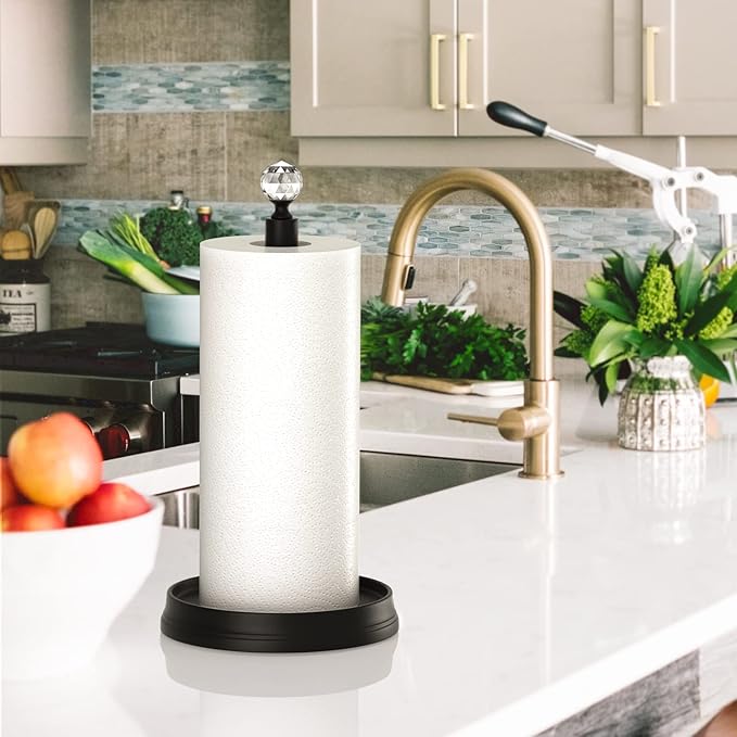 KASUNTO Paper Towel Holder, Steel Paper Towel Holder Countertop with Crystal Head for Kitchen Countertops, Bars & Dining Tables (Matte Black,2 Pack)
