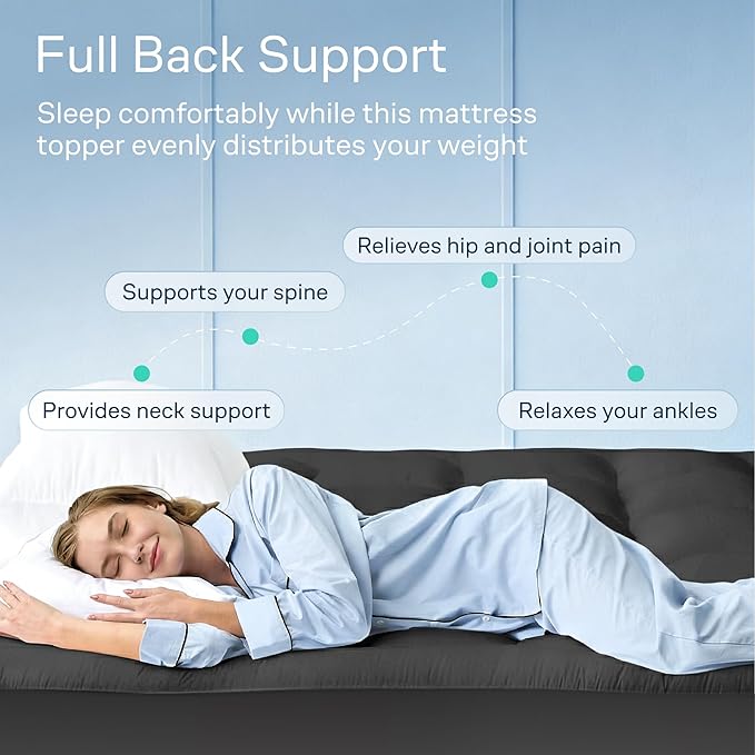 Cloud-Like Queen Mattress Topper - 100% Cotton Top Mattress Pad for Back Pain Relief - Breathable & Naturally Cooling for Hot Sleepers, Dark Gray