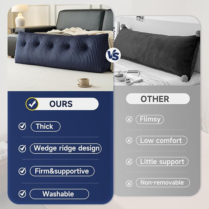 Z-hom Large Headboard Pillow Queen, NO ROLL Pillow, Wedge Pillow Headboard for Sitting Up in Bed, Backrest Support Triangular Cushion for Reading, Gap Pillow w/Removable Washable Cover,Blue