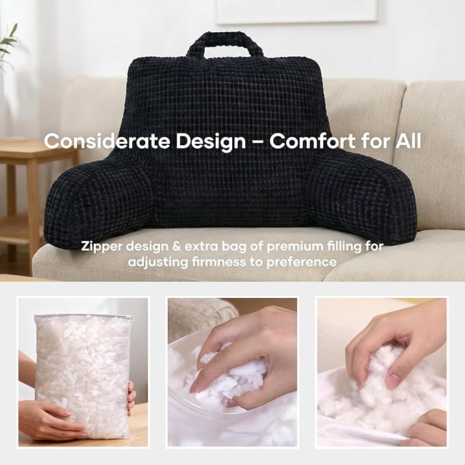 NOONTIDE Reading Pillow L-Size with Top Handle, Uniquely Designed Soft Fabric, Ergonomic Back Support for Bed, Couch & Reading, Comes with a Bag of Filling for Adjustable Firmness (Black)