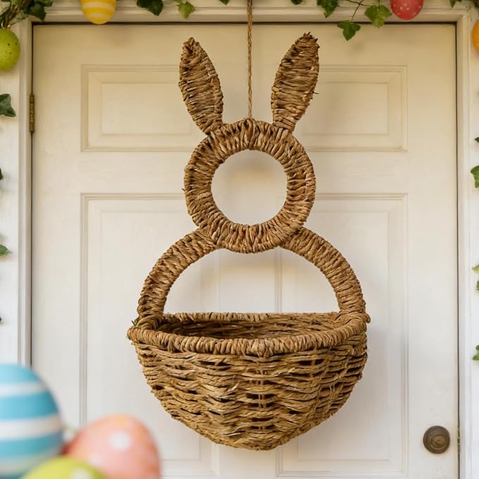 Easter Bunny Wall Basket, 15.8x7.9x3.9 Inch Natural Wicker Woven Rattan Porch Wall Pocket With Rabbit Ears, Decorative Storage Basket, Farmhouse Spring Home Decor