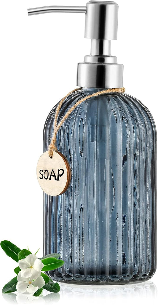 MOCLIF 16 OZ Soap Dispenser，Tempered Glass Clear Vertical Stripe with 304 Rust Proof Stainless Steel Pump Refillable Liquid Hand Soap Dispenser，for Bathroom, Kitchen, Dish Soap，Lotion (Blue Grey)