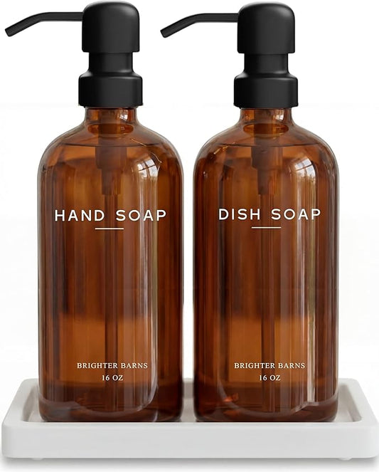 Amber Glass Hand and Dish Soap Dispenser Set by Brighter Barns - Kitchen Soap Dispenser Set with Tray for Kitchen, Airbnb, Vacation Rental or Restaurant - Modern Kitchen Decor & Accessories (Amber)