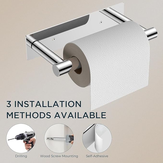 FORIOUS Toilet Paper Holder, Adhesive or Wall Mounted Options, Stainless Steel Rustproof Stick on no Drilling Double Post Pivoting Toilet Tissue Roll Holder Wall Mount for Bathroom, Polished Chrome