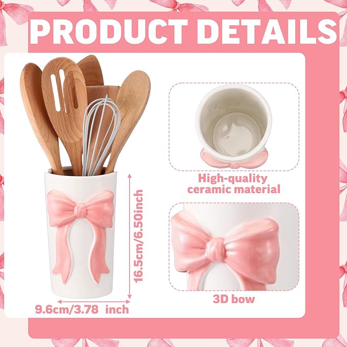 LemonRoad Pink Bow Ceramic Utensil Holder 3D Coquette Handmade Pink Kitchen Decor Mothers Day Kitchen Gifts Cooking Utensil Crock with Scalloped Preppy Caddy Pen Holder Vase for Countertop Spoon