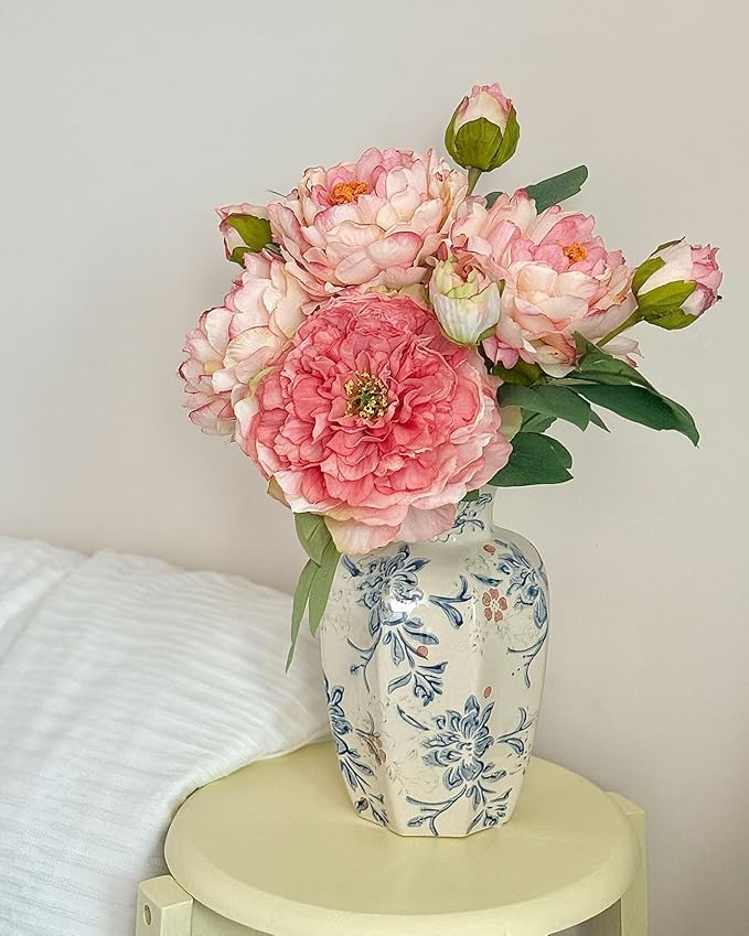 Vintage Chinoiserie Ceramic Vase, Porcelain Decorative Flower Vase for Centerpiece Living Room Table Shelf, Blue and White Country Decor