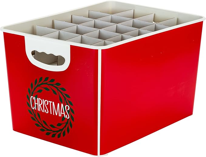 Simplify Christmas Wreath Design Holiday Tote Bin Ornament Storage | Dimensions: 15.4"x 11.4"x 9.25" | Holds 60 Ornaments | Red | Removable Lid | Easy Carry Handles |