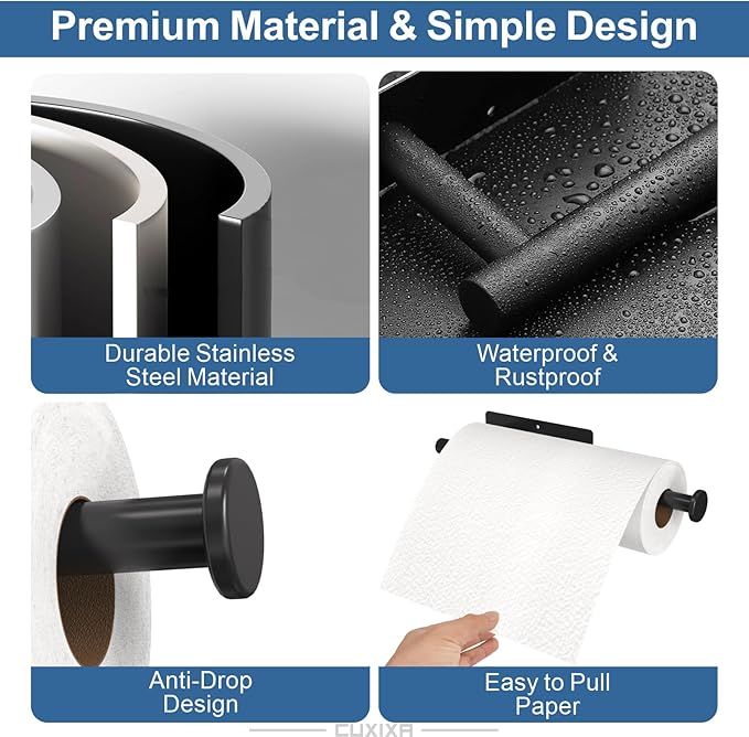 CUXIXA Paper Towel Holder Under Cabinet 2 Pack, Under Counter Paper Towel Holder Wall Mount with Self Adhesive and Screws for Kitchen, Bathroom, RV(Stainless Steel, Black)