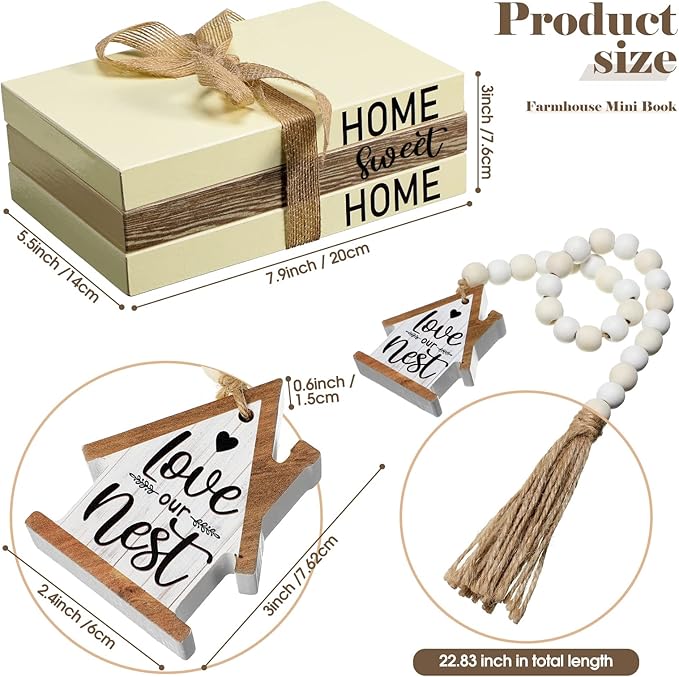 Tatuo 4 Pcs Wooden Farmhouse Decorative Books for Home Decor Coffee Table Faux Books for Decoration White Fake Decorative Home Sweet Stacked Display Set with Beads Garland Shelf Living Room Decor