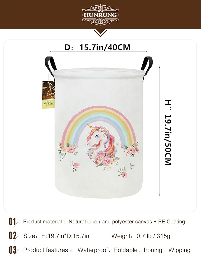 HUNRUNG Collapsible Fabric Storage Basket, Waterproof Laundry Hamper with Handles, Round Storage Bin for Clothes Toys, Foldable Organizer for Bedroom Nursery Bathroom(Round-Rainbow Unicorn)