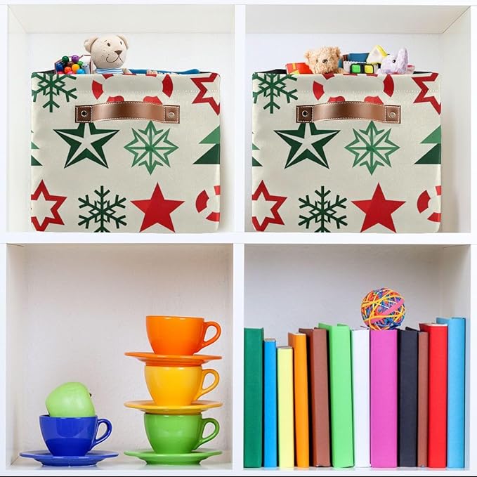 Christmas Storage Baskets, Canvas Fabric Bins with Holiday Pattern, Collapsible Organizer with Handles, 14.2x10.2x8.3 Inches
