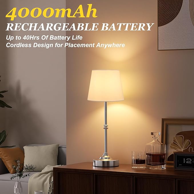 Kakanuo Rechargeable Cordless Table Lamp Silver - 1 Pack 4000mAh Battery Operated Lamp, Touch Control Stepless Dimming, for Home Decor, Dining Table, Living Room, Bedroom