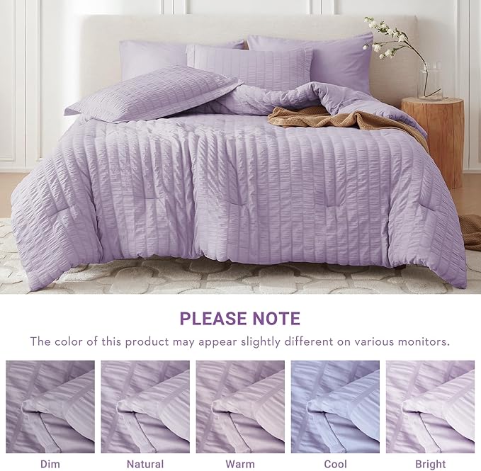 MUXHOMO 7 Pieces Queen Comforter Set, Seersucker Bed in a Bag Queen Size, All Season Luxury Bedding Set with Comforter, Flat Sheet, Fitted Sheet, Pillowcases & Shams, Lavender