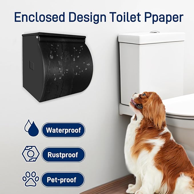 Toilet Paper Holder Wall Mount, Self Adhesive Toilet Paper Holder with Shelf, Waterproof Stainless Steel Bathroom Toilet Tissue Roll Holder Cat Dog Proof, Black