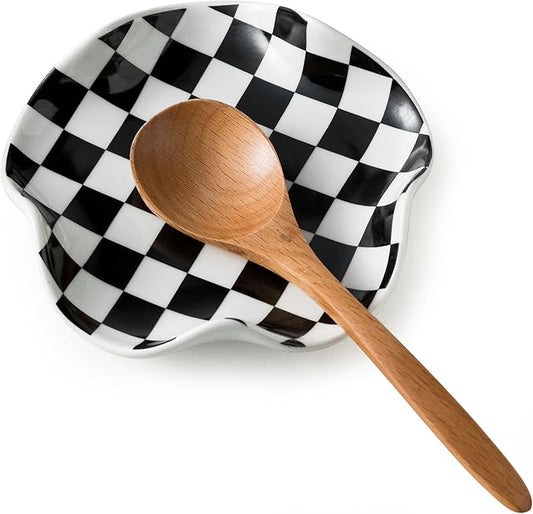 Miamolo Spoon Rest for Stove Top, 5.3in Checkered Spoon Holder Utensil Rest, Ceramic Spoon Rests for Coffee Bar, Kitchen Gadget Cooking Gift for Housewarming - Heat Resistant & Dishwasher Safe