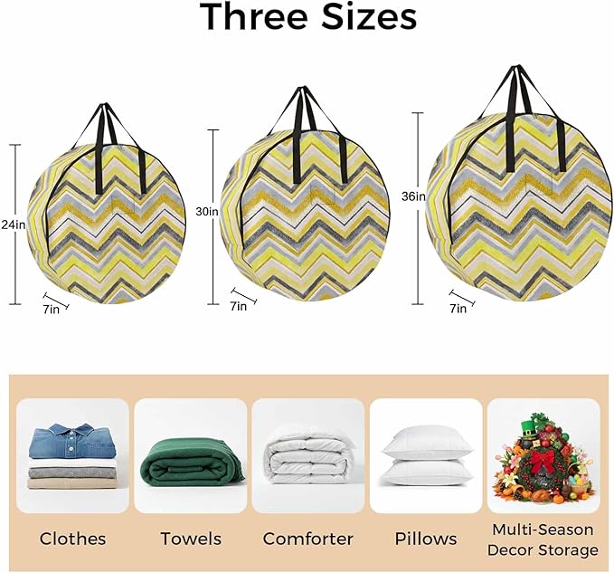 Storage Bag Yellow Grey Chevron Round Storage Totes Bins Closet Organizers with Zippers & Handle Geometric Design Stripe Clothes Storage Container for Bedroom Dorm Space Saving Packing Supplies Bags