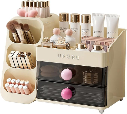 Makeup Organizer for Vanity with Brush Holder, Large Plastic Bathroom Countertop Skincare Organizer with 2 Drawers, Spacious Cosmetic Display Case for Perfumes, Eyeshadow Palettes, Nail Polishes