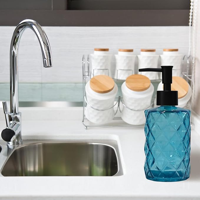 YYTSGG Blue Glass Soap Dispenser with Black Plastic Pump, 12oz Refillable Liquid Hand Soap Dispenser, Crystal Lotion Bottle for Modern Home Decor, Bathroom, Kitchen Countertop, Hotel