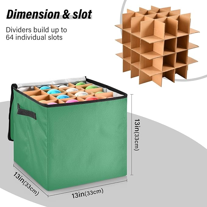 Green Christmas Ornament Storage Basket Box Holiday Storage Container Cube with Adjustable Dividers for 64 Holiday Ornaments or Decorations Keeps Clean and Dry for Next Season