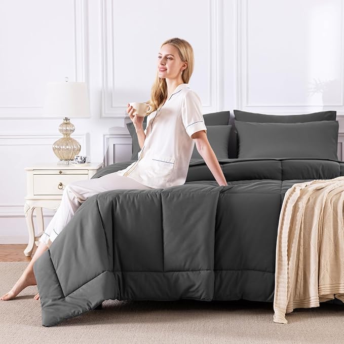 CozyLux Oversized King Comforter Sets Dark Grey, 7 Pieces Bed in a Bag, Ultra-Soft All Season Bedding Sets with Stitch Quilted Comforter, Flat Sheet, Fitted Sheet, Pillowcases, Dark Gray