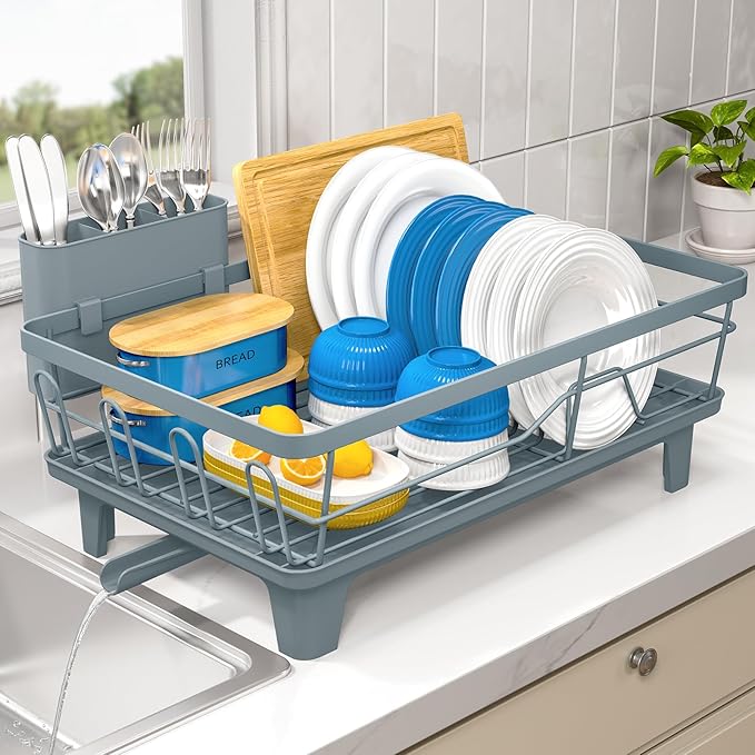 Urackify Dish Drying Rack for Kitchen Counter, Sink Dish Rack with Drainboard, Large Dish Drainer with Cups Holder, Home Countertop Plate Dryer Storage Rack with Cutlery Holder, Blue
