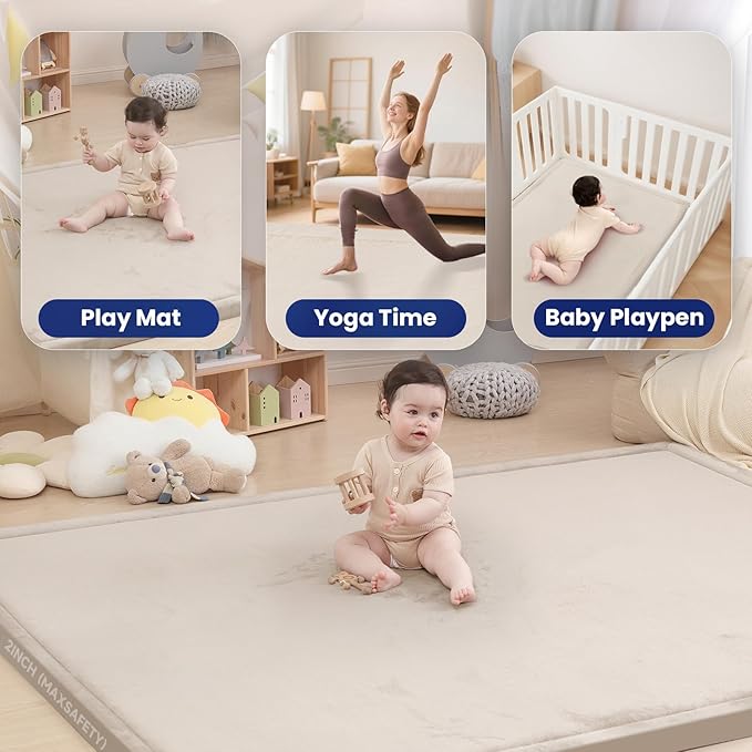 Huloo Sleep Ultra Soft Baby Play Mat for Floor, 1.3" Thick Elasti-Foam 65x50 Play Mat for Playpen,Water-Repellent Coral Velvet for Tummy Time, Non-Slip Backing,Safe for Toddlers & Infants（Beige）